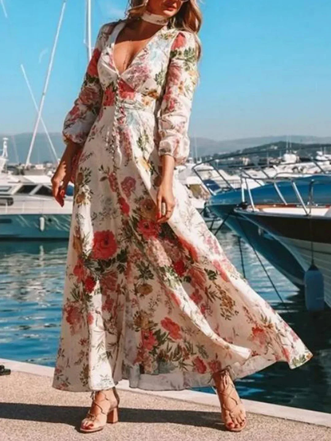 Deep V Neck Button Front Lantern Sleeve Floral Print Slit Maxi Dress