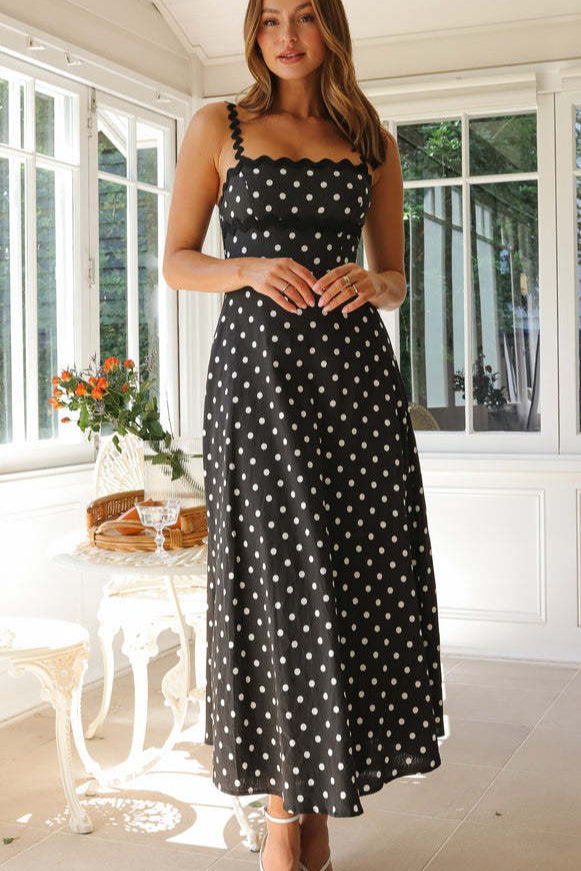 Black Polka Dot Lace Trim Cami Maxi Dress