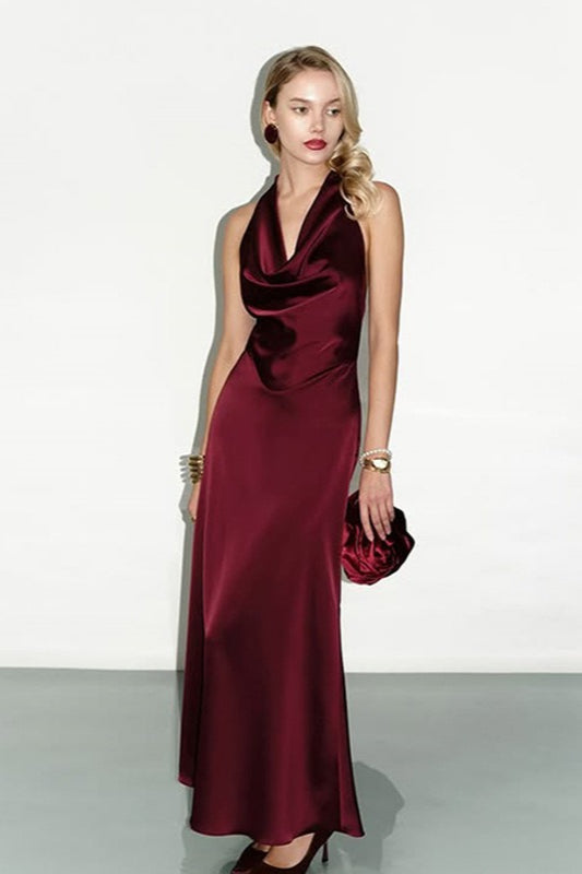 Satin Halter Neck Cowl Neck Bias Cut Bodycon Midi Dress