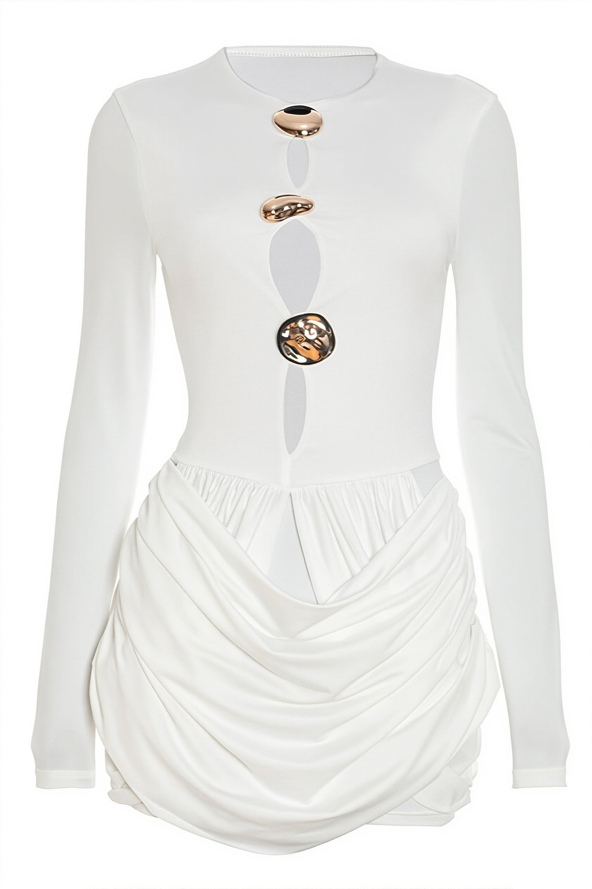 Almond Cutout Dome Hardware Draped Wrap Tulip Hem Long Sleeve Mini Dress