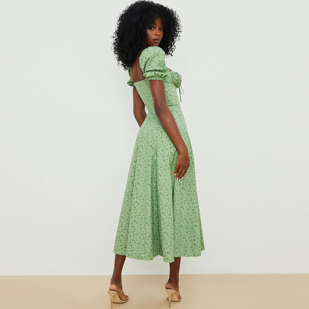 Daisy Print Milkmaid Puff Sleeve Square Neck Lace-Up Front Thigh Slit Midi Dress