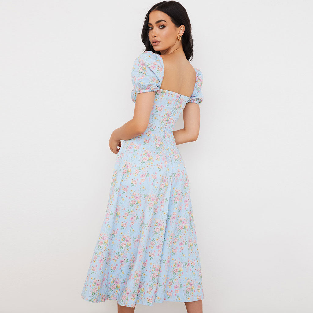 Botanical Print Milkmaid Puff Sleeve Square Neck Lace-Up Front Thigh Slit Midi Dress