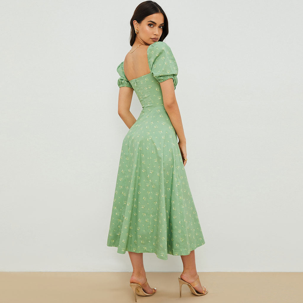 Wildflower Print Smocked Waist Puff Sleeve Square Neck High Slit Midi Dress