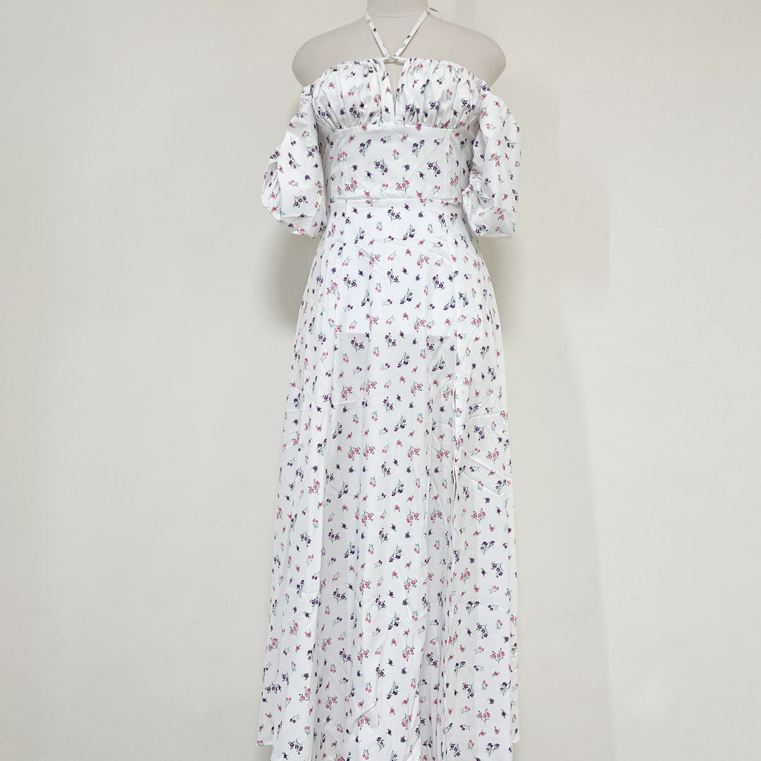 Ditsy Floral Smocked Puff Sleeve Square Neck Tie Front High Slit Midi Dress