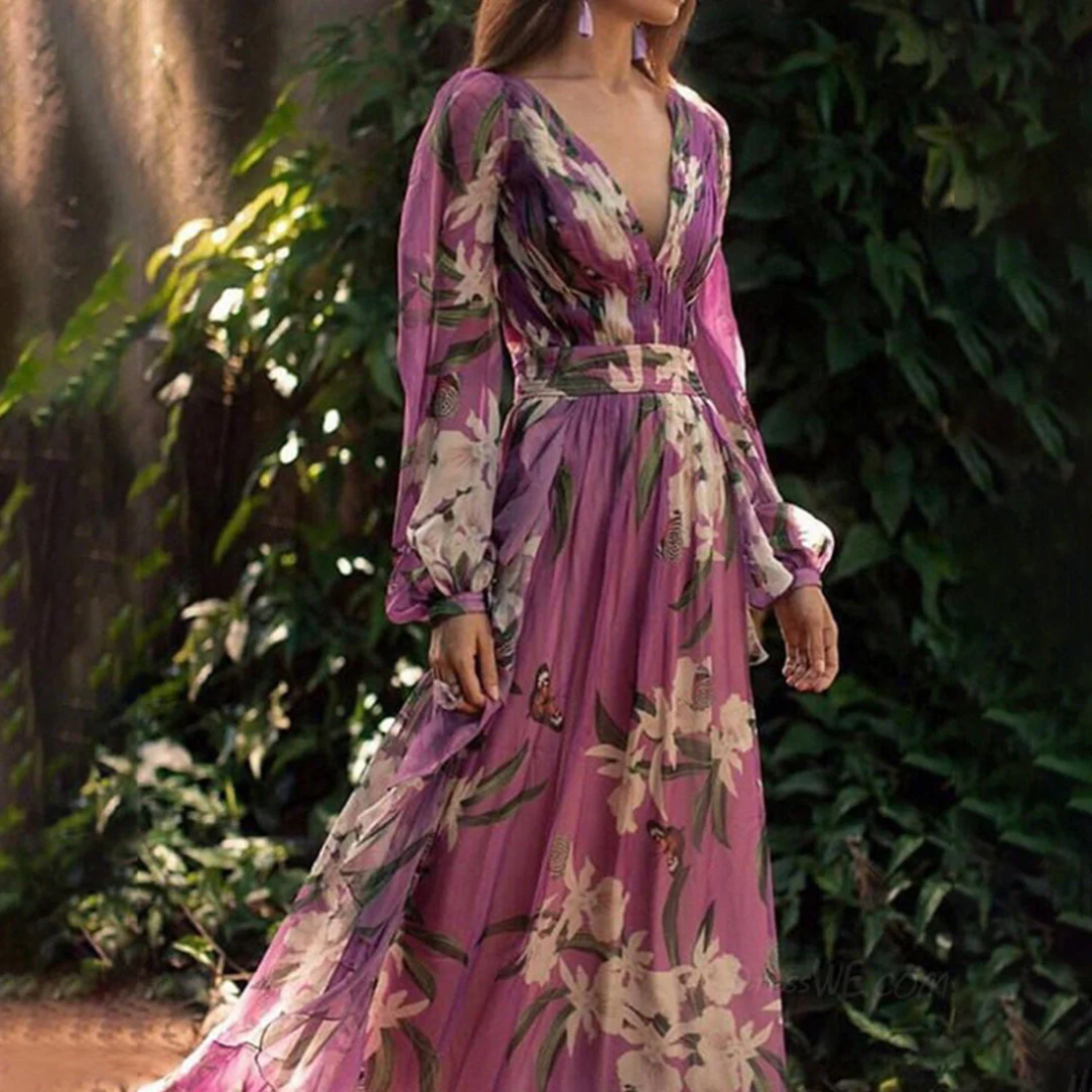 Deep V Neck Long Billowy Sleeve Butterfly Floral Print Maxi Gown