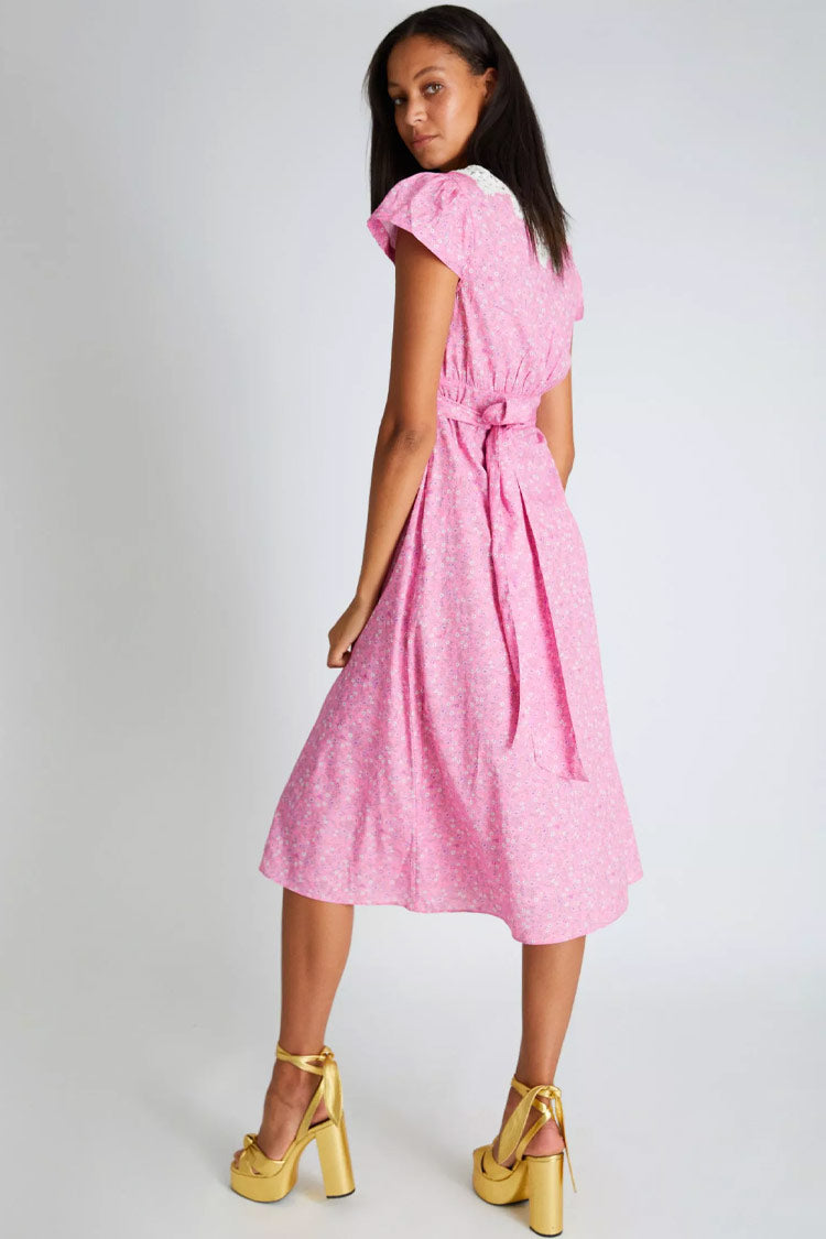 Ditsy Floral Lace Trim Deep V Flutter Sleeve A-Line Midi Dress