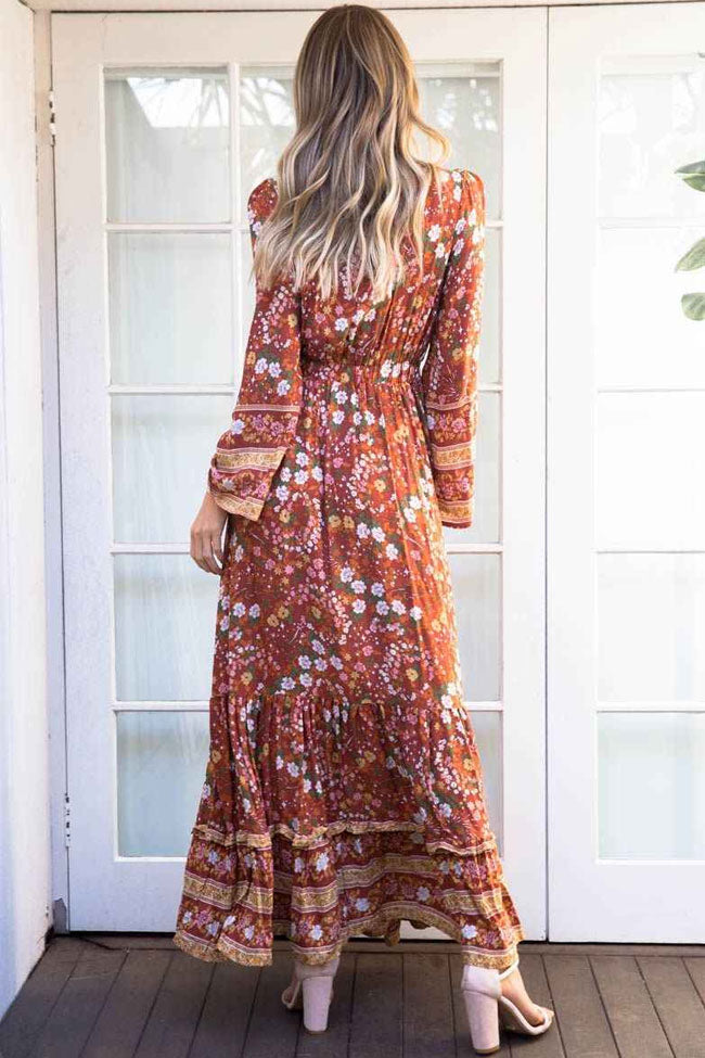 Ditsy Floral Long Sleeve V-Neck Tie Waist Tiered Maxi Dress