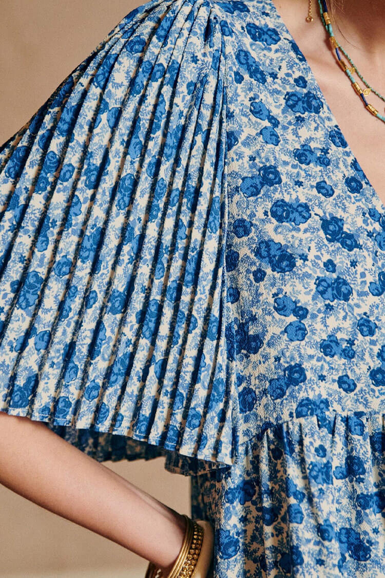 Ditsy Floral Pleated Sleeve Button Front Babydoll Mini Dress