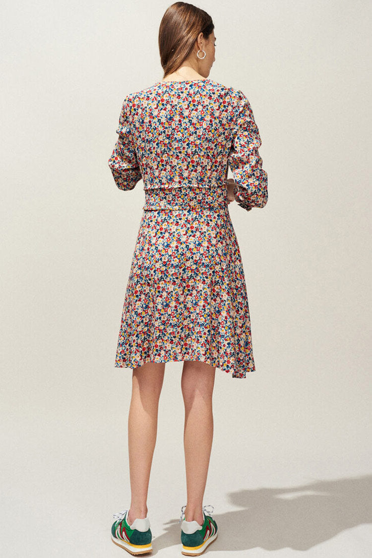 Ditsy Floral Ruffle Waist V-Neck Long Sleeve Mini Dress