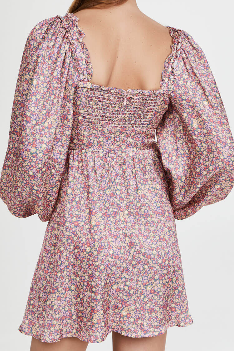 Ditsy Floral Sweetheart Ruffle Trim Button Front Puff Sleeve Mini Dress