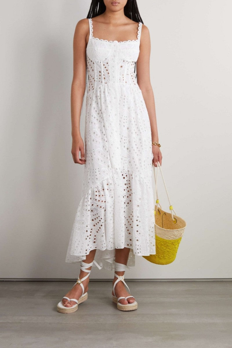 Square Neck Scallop Edge Eyelet Fan Print Tiered Midi Dress