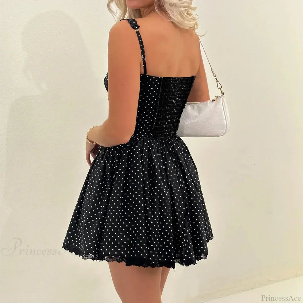 Polka Dot Ruffle Strap Bustier Lace Hem Fit And Flare Mini Dress