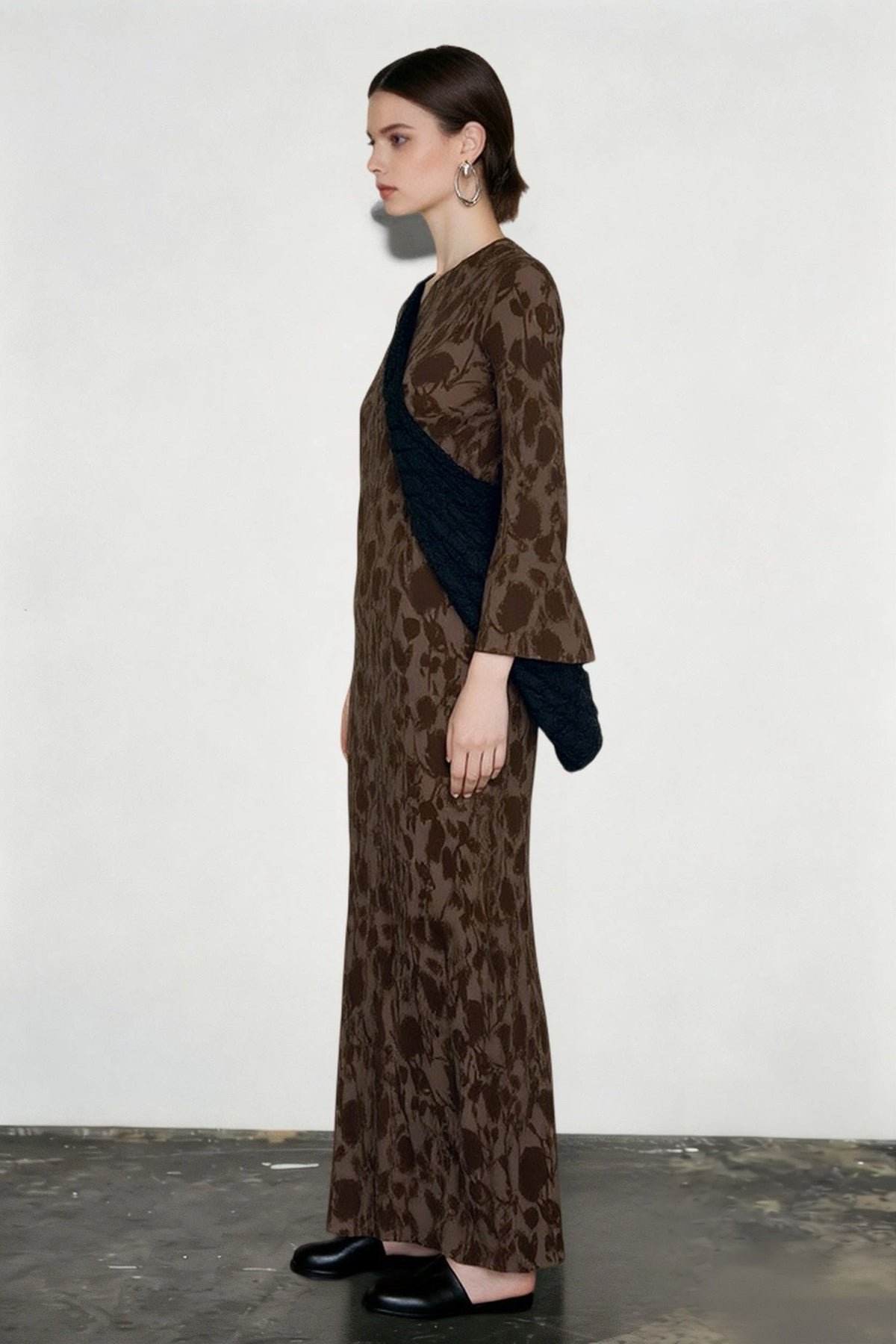 Boat Neck Long Sleeve Tonal Floral Print A-Line Maxi Dress