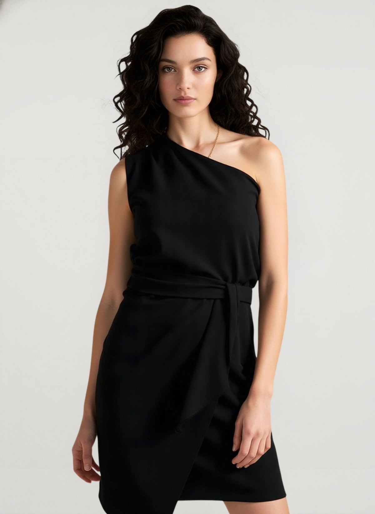 One Shoulder Draped Self Tie Waist Tulip Hem Mini Dress