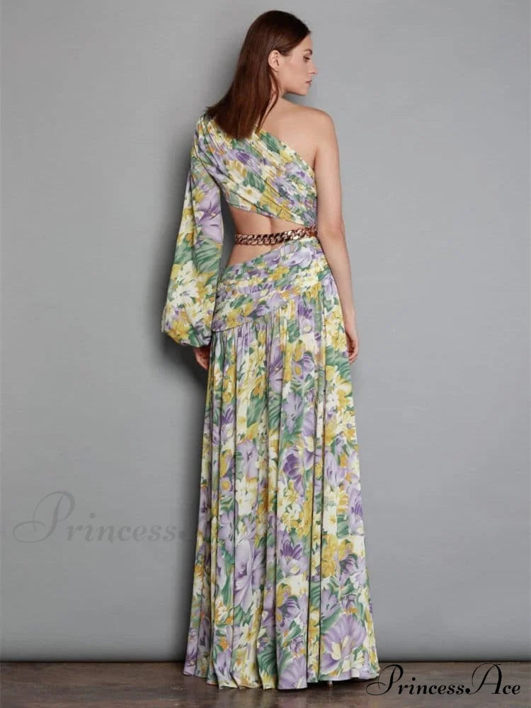 Elegant Floral Irregular Cut Out Long Sleeve Dress