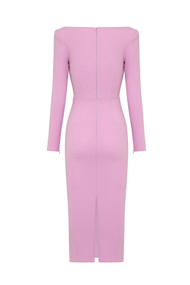 Long Sleeve Oval Cutout Twist Front Bandage Bodycon Midi Dress