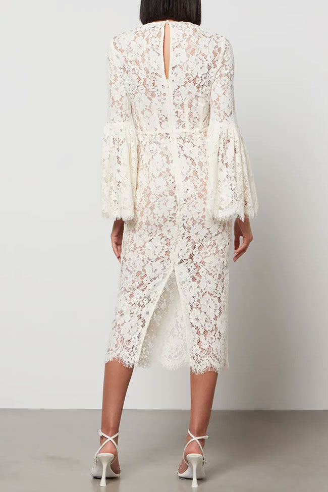 Floral Lace Crew Neck Bell Sleeve Eyelash Trim Sheath Midi Dress