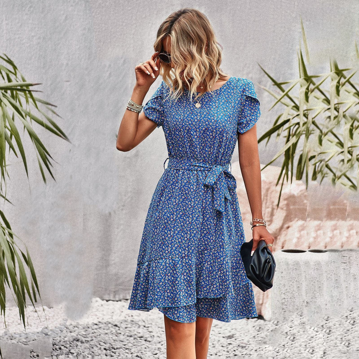 Round Neck Flutter Sleeve Tie Waist Tiered Ditsy Floral Mini Dress