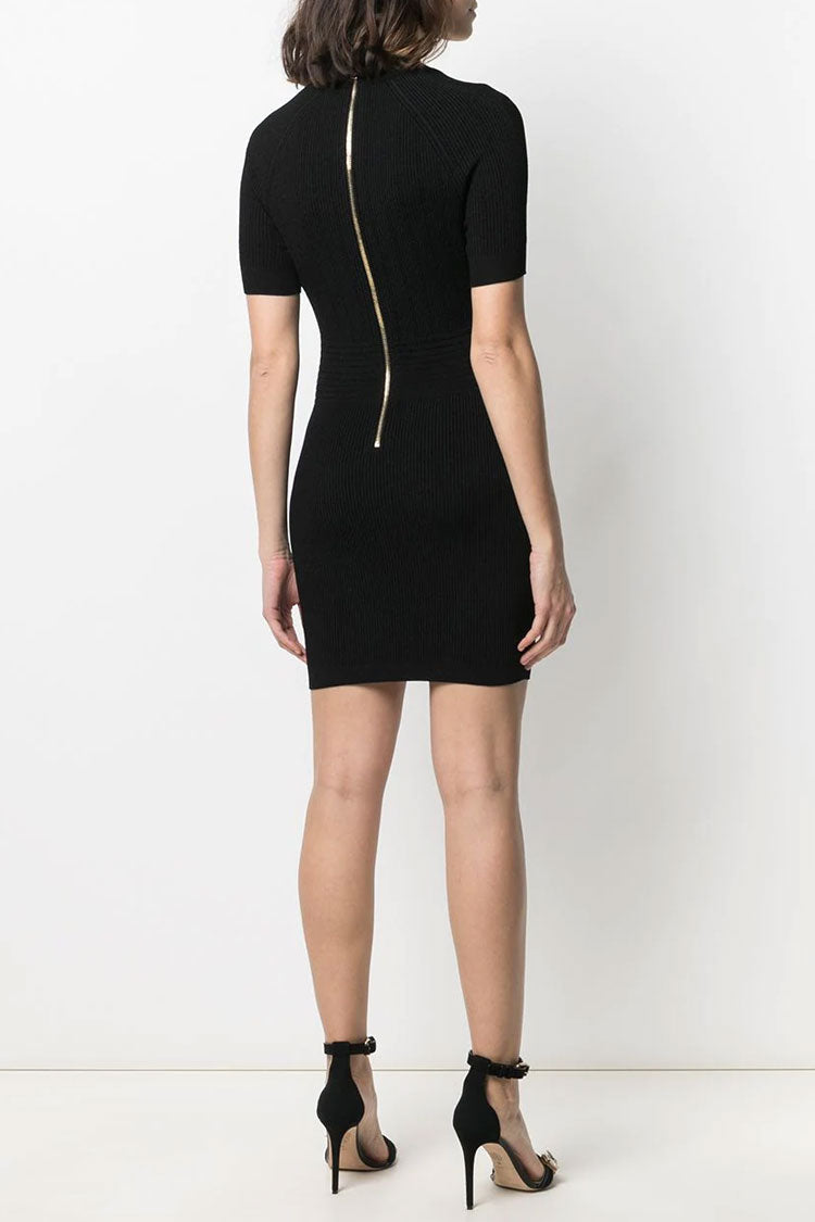 Rib Knit Square Neck Short Sleeve Metal Button Bodycon Mini Sweater Dress