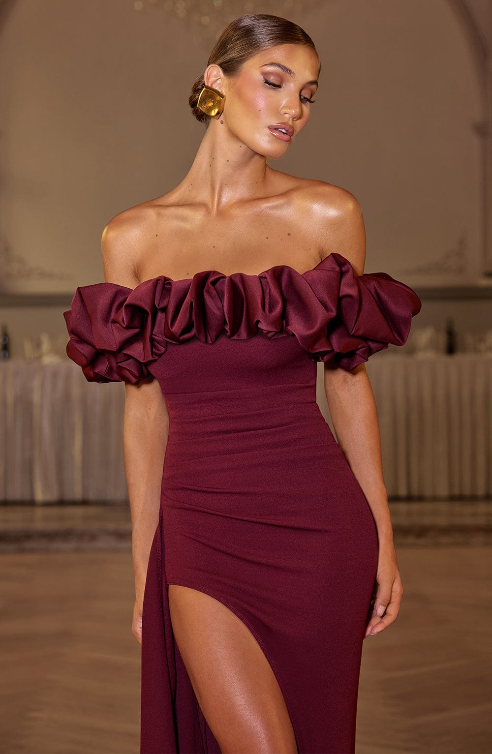 Off Shoulder Oversized Ruffle Sleeve High Slit Bodycon Maxi Gown