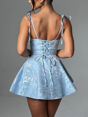 Floral Jacquard Tie Strap Cowl Neck Fit And Flare Mini Dress
