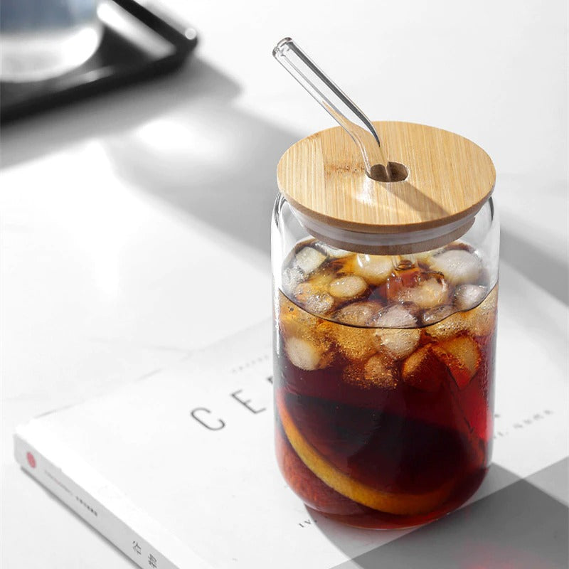 Modern Glass Cups With Bamboo Lids & Straws 4pcs Set