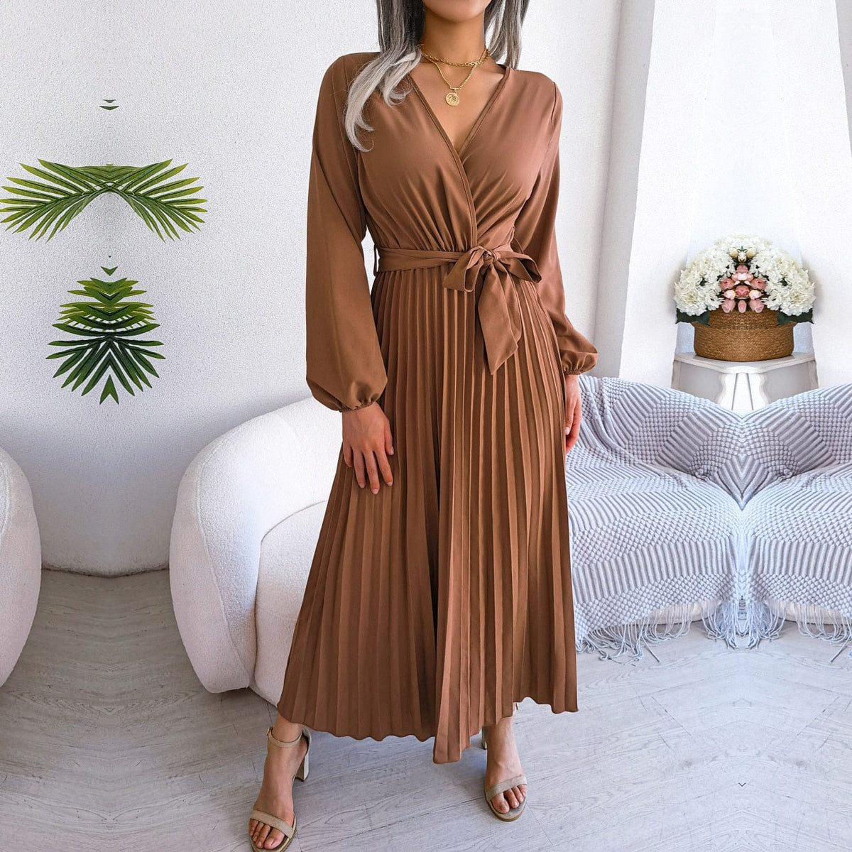 Wrap V Neck Bishop Sleeve Tie Belt Pleated Midi Dress