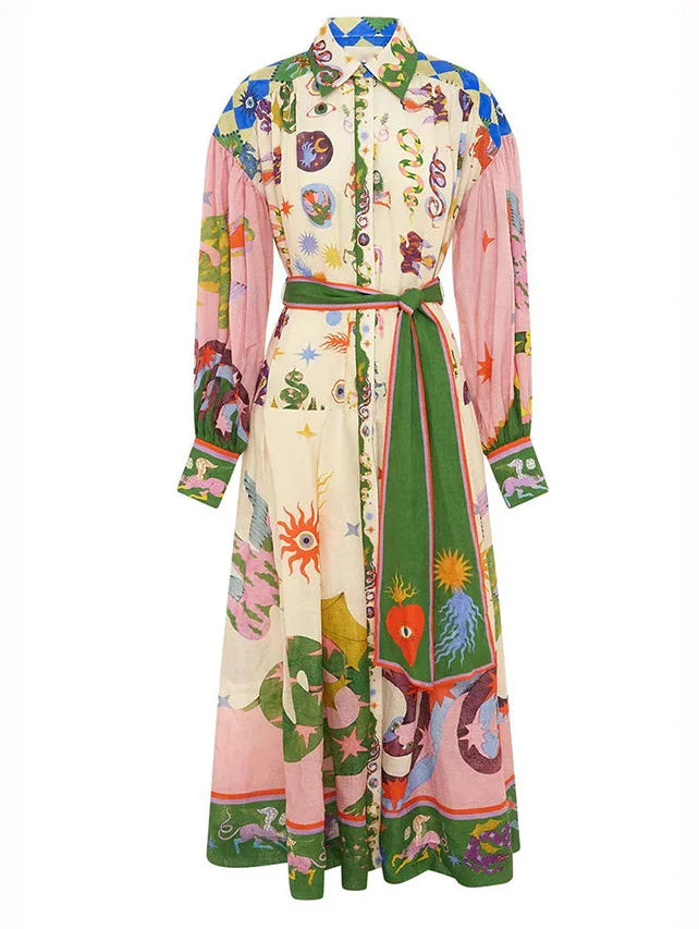 Pointed Collar Mythical Graphic Print Puff Sleeve Belted Maxi Dress