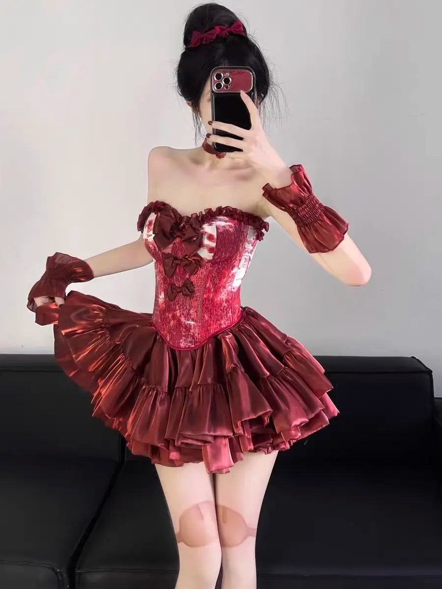 Sweet Hot Girl Halloween Suit Women's Autumn Strapless Top High Waist A-line Skirt Sleeve Cover Three-piece Set Female Clothes