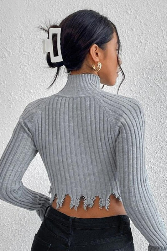 Distressed Cropped Turtleneck Knit Top