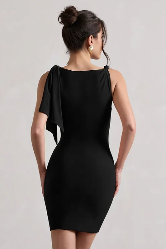 Boat Neck Knot Shoulder Drape Panel Bodycon Mini Dress