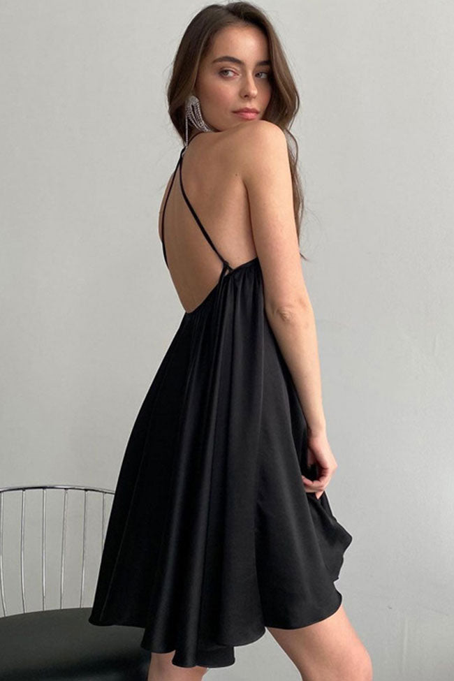 Crossover Halter Neck Gathered Pleated Satin Babydoll Mini Dress