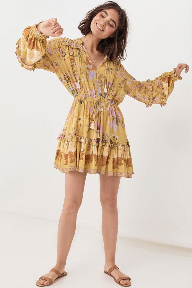 Floral Print Tie Neck Bishop Sleeve Tiered Ruffle Mini Dress