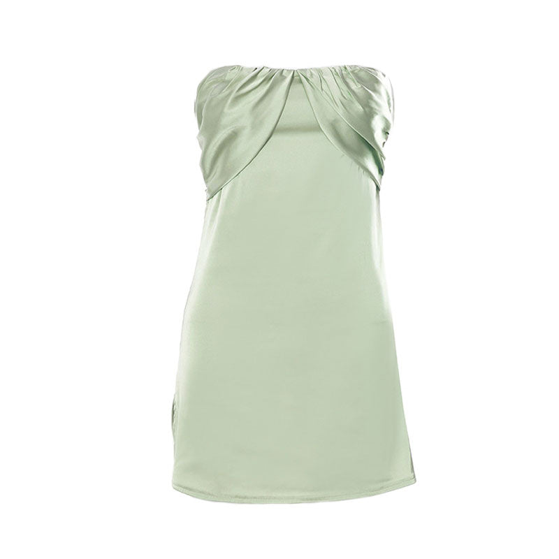 Satin Sweetheart Ruched Bust Strapless Side Slit Bodycon Mini Dress