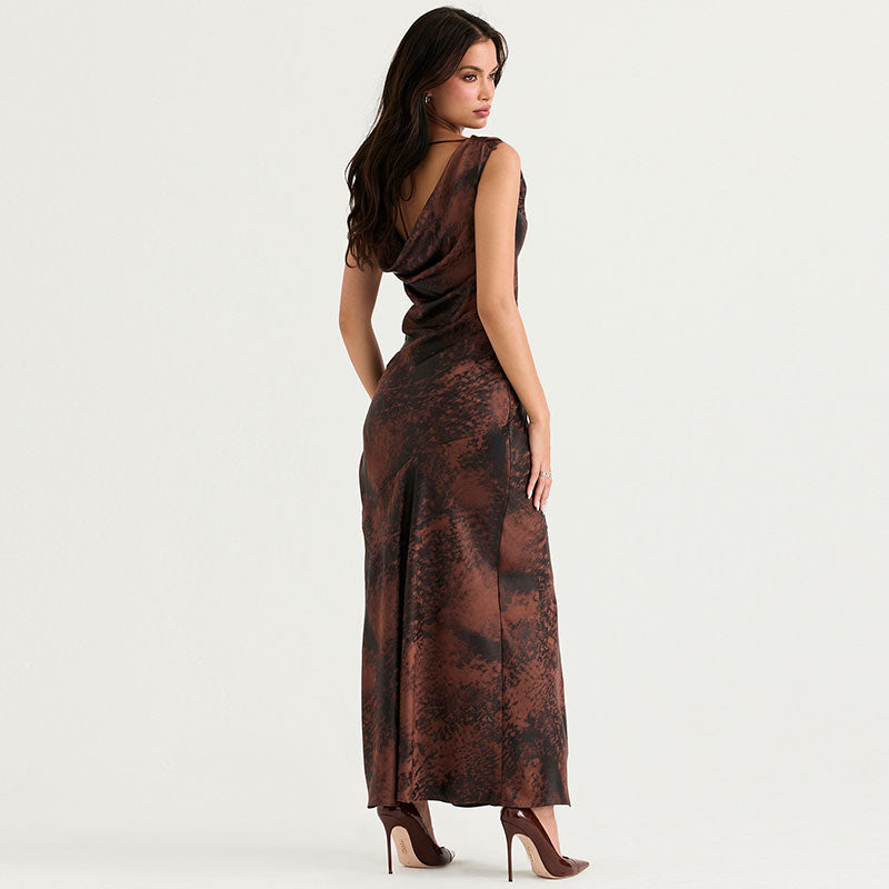 Abstract Print Cowl Neck Sleeveless High Slit Satin Maxi Dress