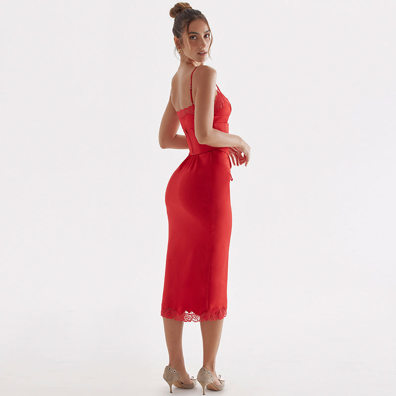 Lace Trim Sweetheart Corset Lace-Up Fishtail Bodycon Midi Dress