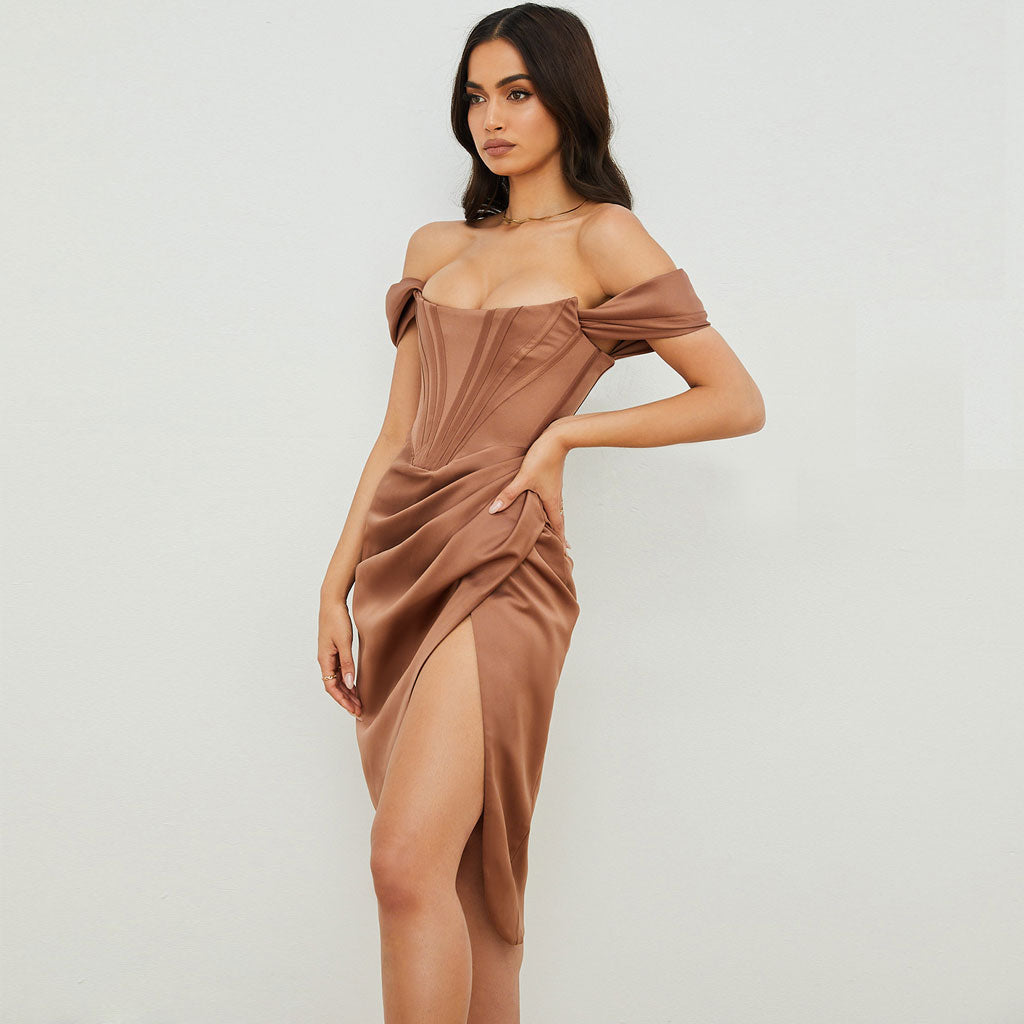 Off-Shoulder Corset Boned Bodice Draped Wrap High Slit Midi Dress