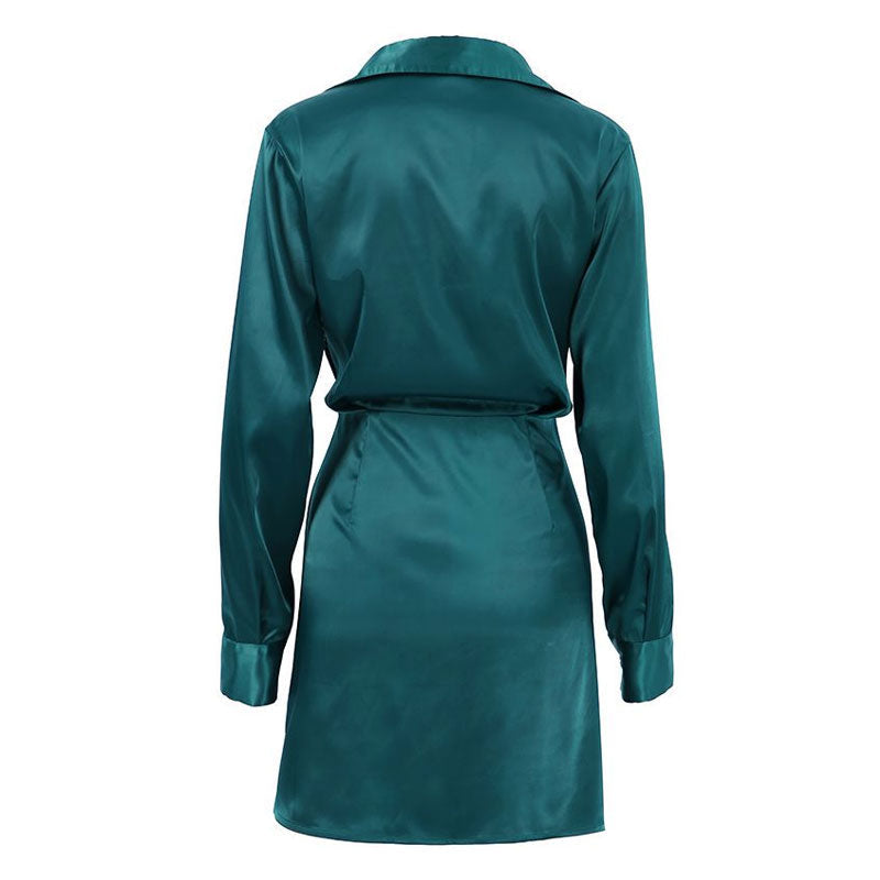 Satin Spread Collar V Neck Long Sleeve Ruched Wrap Shirt Mini Dress