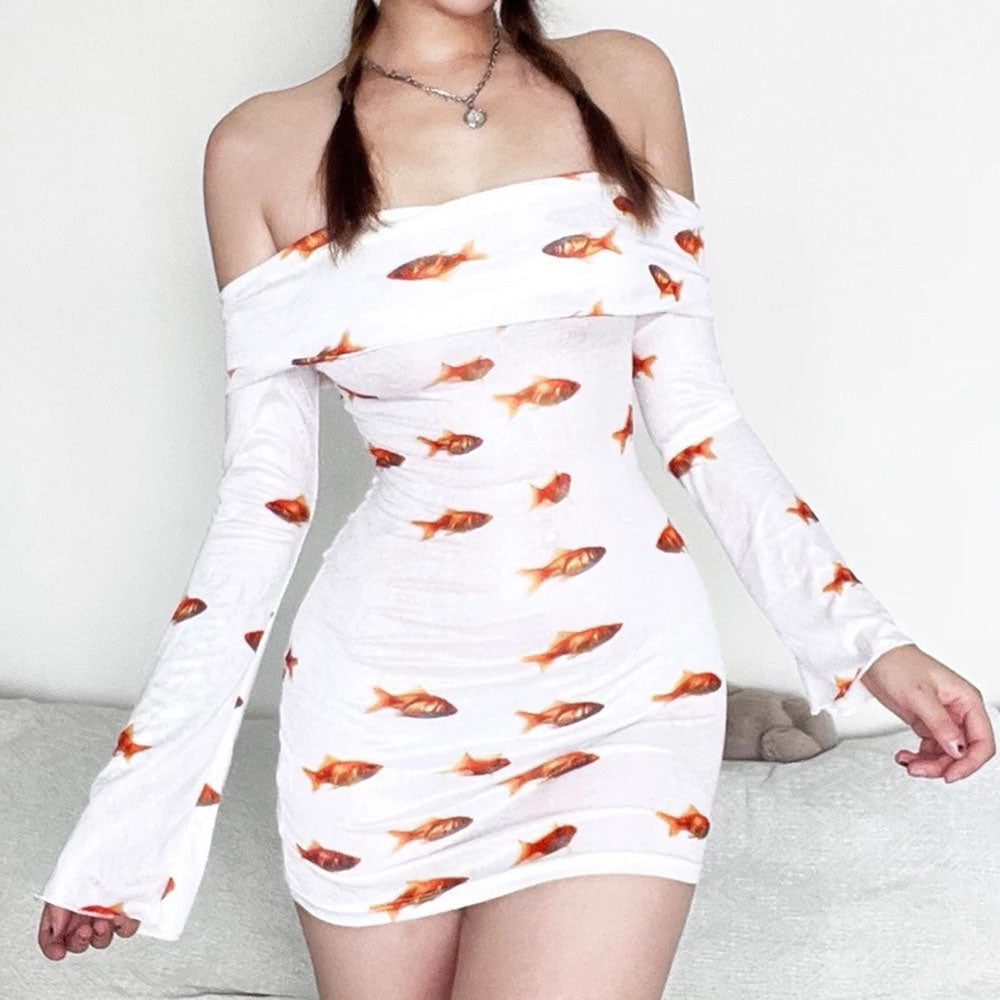 Goldfish Print Off Shoulder Long Sleeve Bodycon Mini Dress