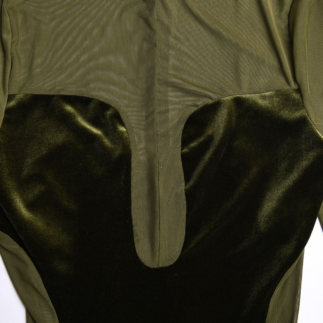 Mock Neck Mesh Panel Plunging Cutout Bodycon Midi Dress