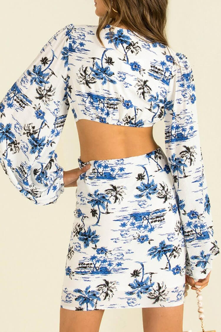 Tropical Print V Neck Puff Sleeve Waist Cutout Ring Detail Mini Dress