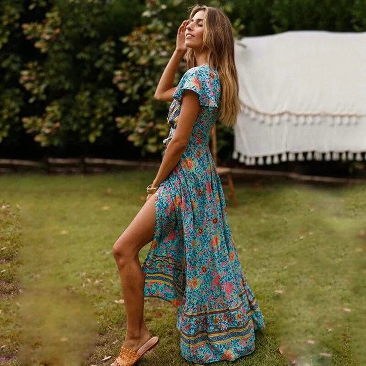 Deep V Neck Flutter Sleeve Wrap Tie Bohemian Print High Slit Maxi Dress