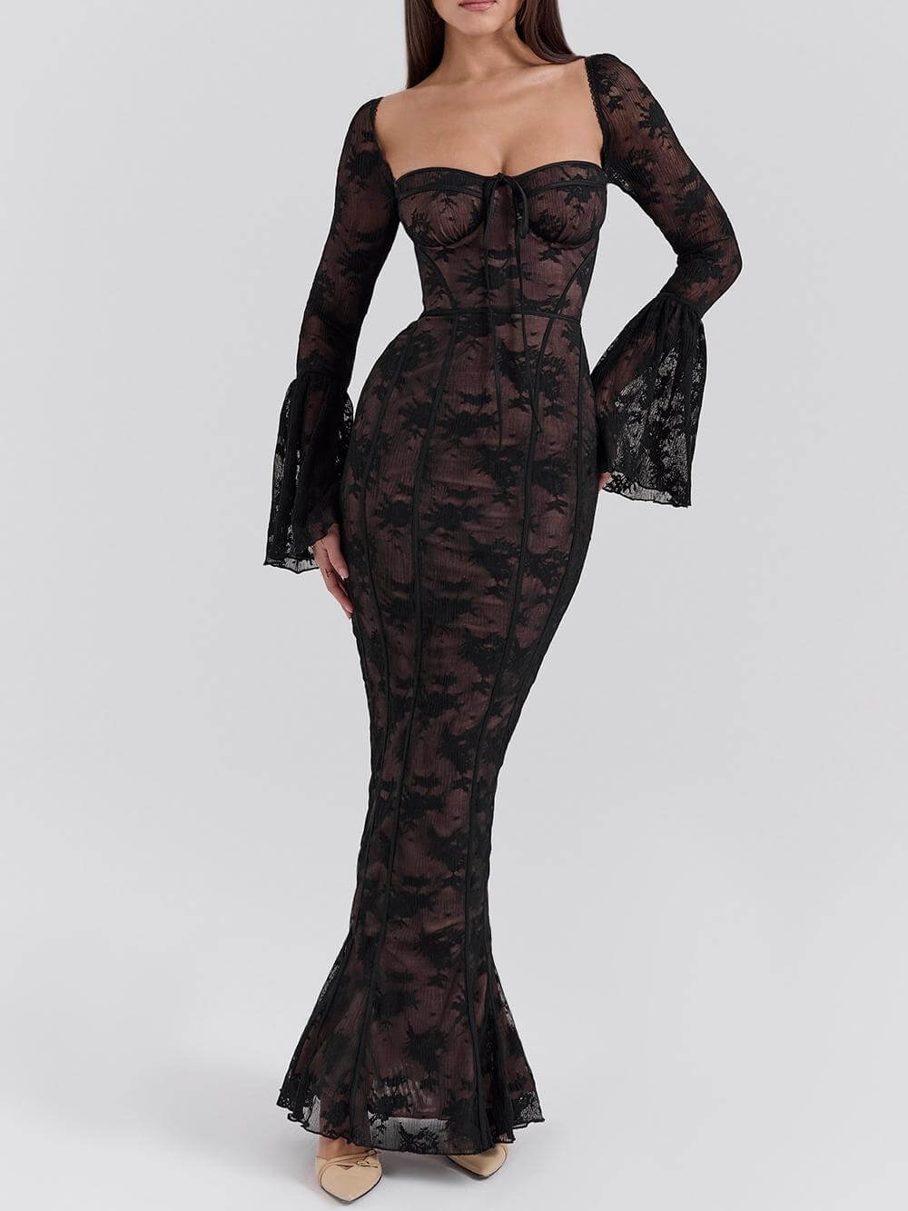 Square Neck Corset Underwire Lace Bell Sleeve Mermaid Maxi Dress