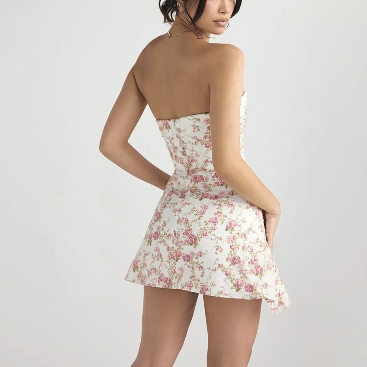 Strapless Floral Print Ruched Drape Satin Mini Dress