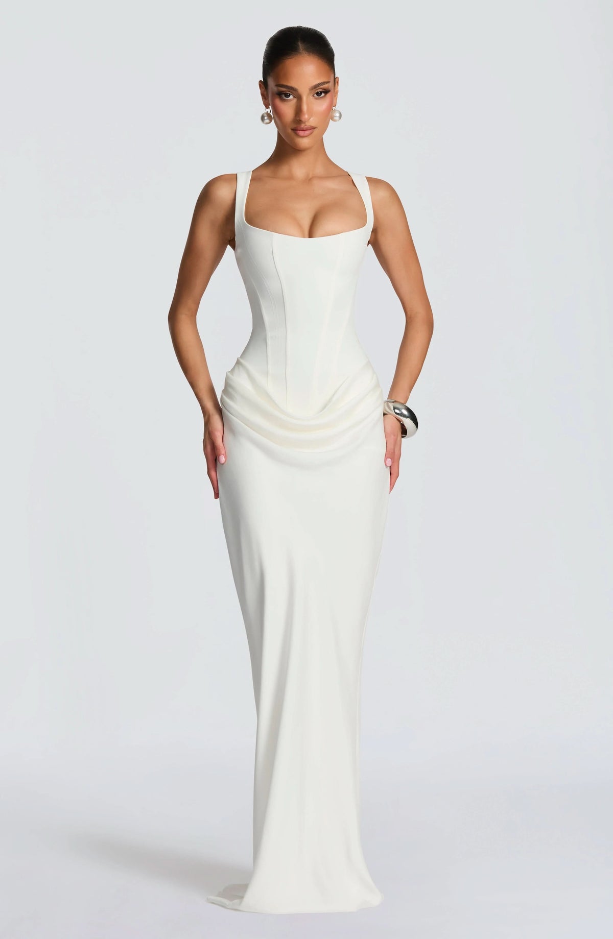 Corset Bodice Draped Hip Wide Strap Floor Length Maxi Dress