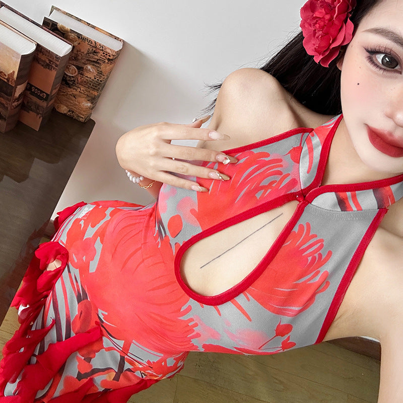 Halter Stand Collar Keyhole Floral Print Ruffle Tier Maxi Dress