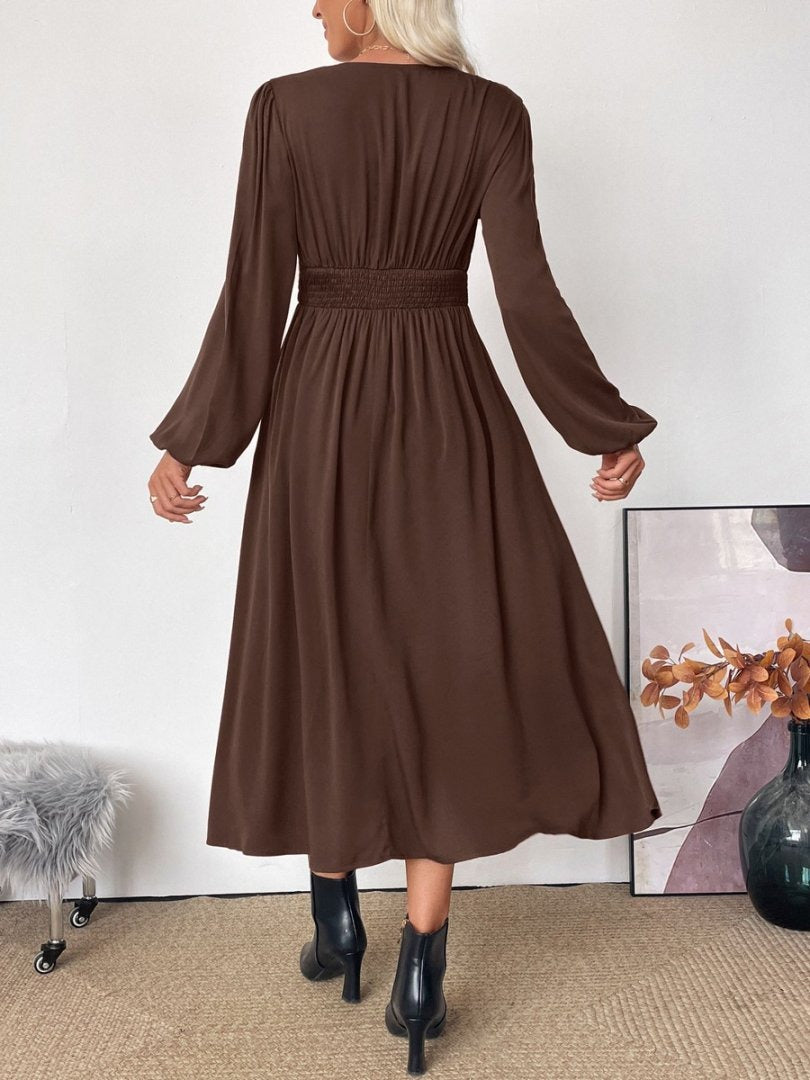 Deep V Neck Ruched Bust Lantern Sleeve A-Line Midi Dress