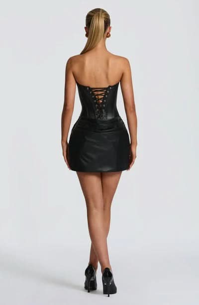 Strapless Corset Seam Draped Ruched Faux Leather Mini Dress