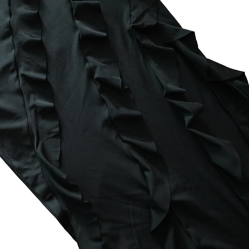 V-Neck Spaghetti Strap Diagonal Ruffle Tier High Slit Maxi Dress