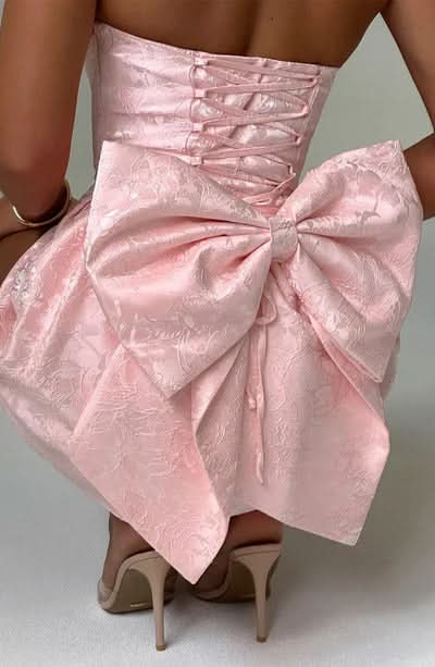 Floral Jacquard Strapless Structured Bow Back Fit and Flare Mini Dress